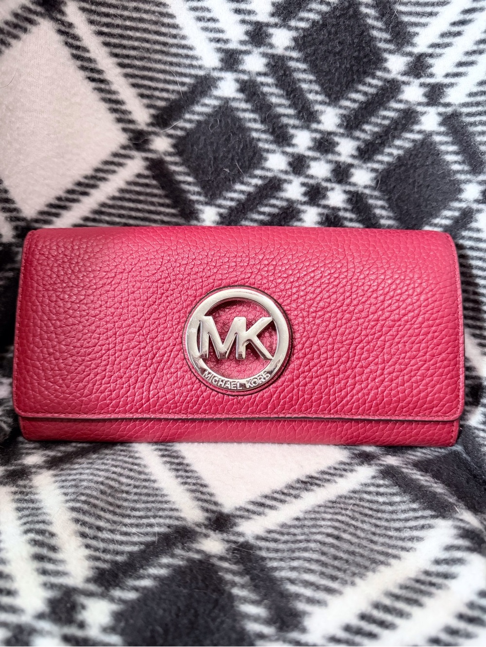 Michael Kors RED Pebbled Leather Continental Wallet with MK Logo